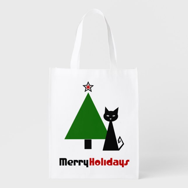 Black Cat Christmas Reusable Grocery Bag (Front)