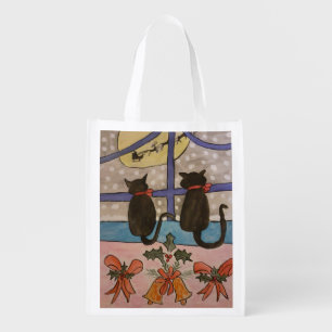Black Cat Christmas Reusable Grocery Bag
