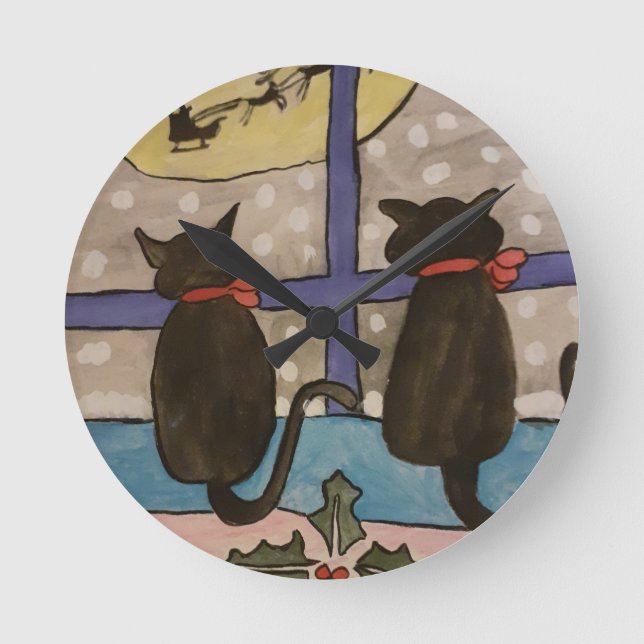 Black Cat Christmas  Round Clock (Front)