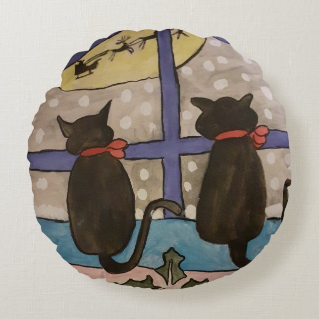 Black Cat Christmas Round Cushion (Front)