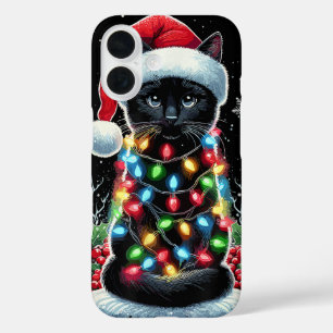 Black Cat Christmas Santa Hat Funny Meowy Cat iPhone 16 Case