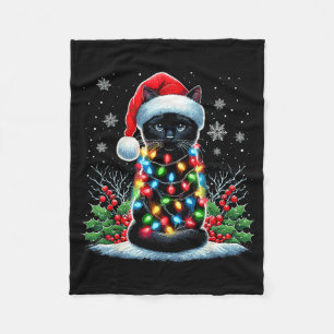 Black Cat Christmas Santa Hat Funny Meowy Cat  Fleece Blanket