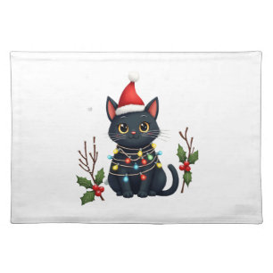 Black Cat Christmas Santa Hat Funny Meowy Cat T-Sh Cloth Placemat