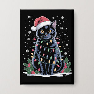 Black Cat Christmas Santa Hat Funny Meowy Cats Button