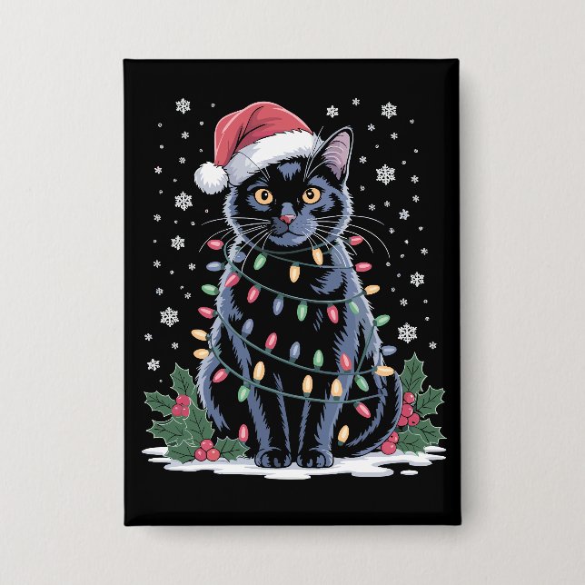 Black Cat Christmas Santa Hat Funny Meowy Cats  Button (Front)