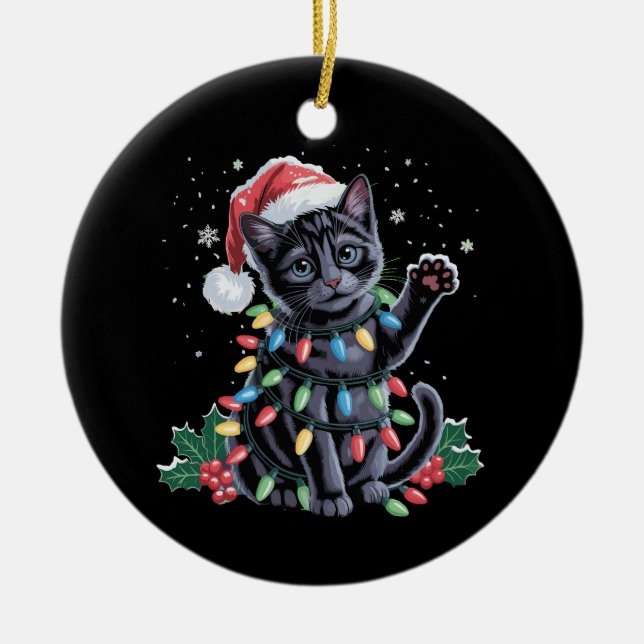 Black Cat Christmas Santa Hat Meowy Xmas Holiday Ceramic Ornament (Front)