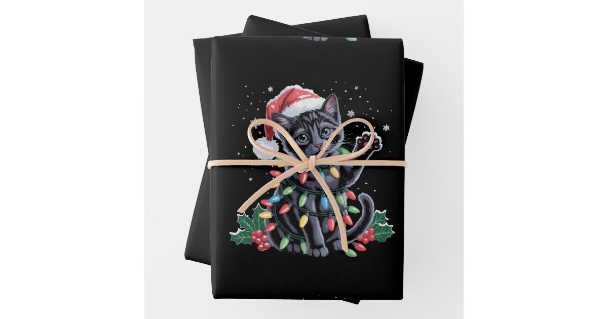 Black Cat Christmas Santa Hat Meowy Xmas Holiday Wrapping Paper Sheets ...