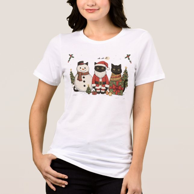 Black Cat Christmas Santa Snowman Cute Gift Tri-Blend Shirt (Front)