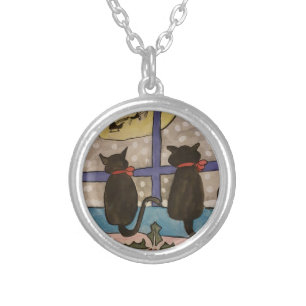 Black Cat Christmas Silver Plated Necklace
