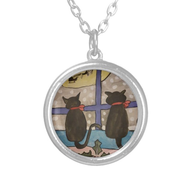 Black Cat Christmas Silver Plated Necklace (Front)