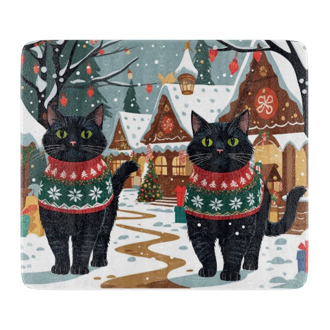 Black Cat Christmas Snow Holiday Cutting Board (Front)