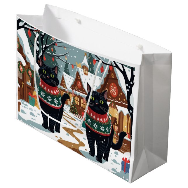 Black Cat Christmas Snow Holiday Large Gift Bag (Front Angled)
