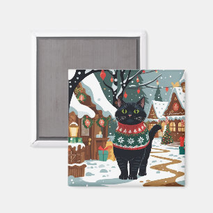 Black Cat Christmas Snow Holiday Magnet