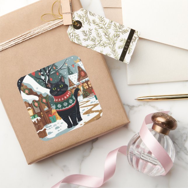 Black Cat Christmas Snow Holiday Square Sticker (Gifting)