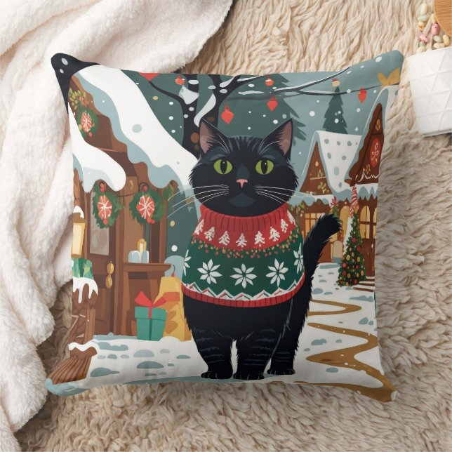 Black Cat Christmas Snow Holiday Throw Pillow (Blanket)