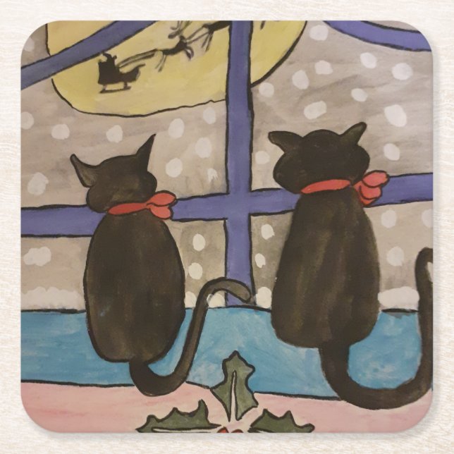 Black Cat Christmas  Square Paper Coaster (Front)
