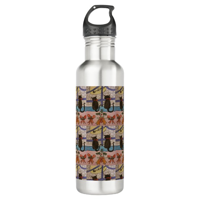 Black Cat Christmas  Stainless Steel Water Bottle (Front)