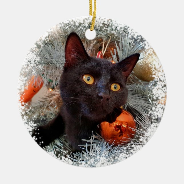 Black Cat, Christmas Tree  Ceramic Ornament (Front)