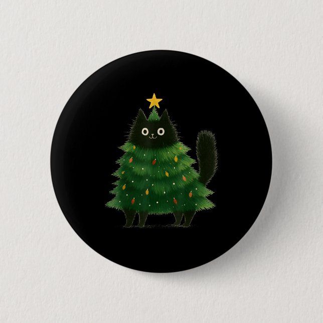 Black Cat Christmas Tree Cute Holiday Pet Lover De Button (Front)