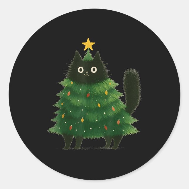 Black Cat Christmas Tree Cute Holiday Pet Lover De Classic Round Sticker (Front)