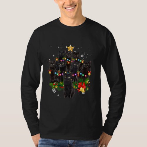 Black Cat Christmas Tree Lights Cats Lover T_Shirt