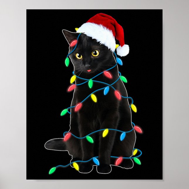 Black Cat Christmas Tree Lights Fun Santa Kitten L Poster (Front)
