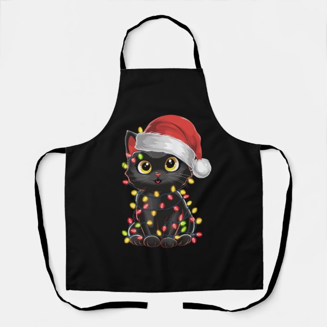 Black Cat Christmas Tree Lights Funny Santa Kitten Apron (Front)