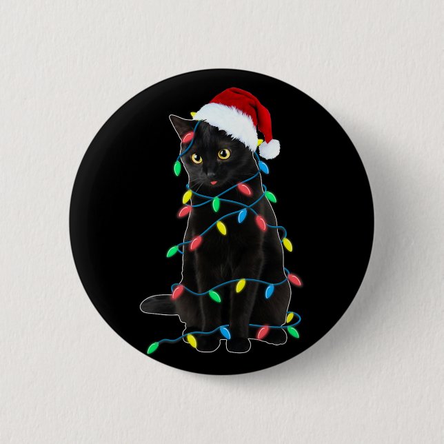 Black Cat Christmas Tree Lights Funny Santa Kitten Button (Front)