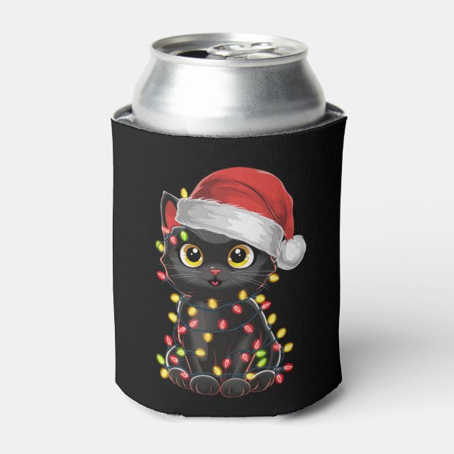 Black Cat Christmas Tree Lights Funny Santa Kitten Can Cooler (Can Front)