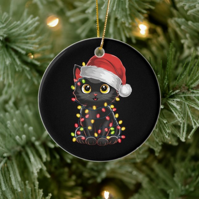 Black Cat Christmas Tree Lights Funny Santa Kitten Ceramic Ornament (Tree)