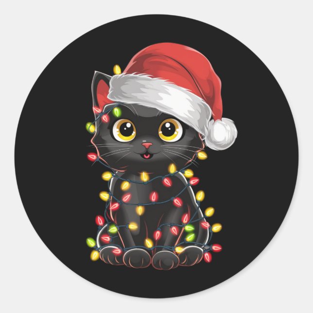 Black Cat Christmas Tree Lights Funny Santa Kitten Classic Round Sticker (Front)