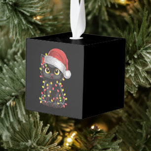 Black Cat Christmas Tree Lights Funny Santa Kitten Cube Ornament