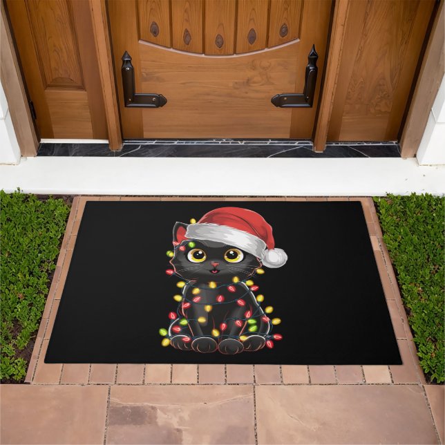 Black Cat Christmas Tree Lights Funny Santa Kitten Doormat (Outdoor)