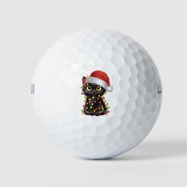 Black Cat Christmas Tree Lights Funny Santa Kitten Golf Balls (Front)