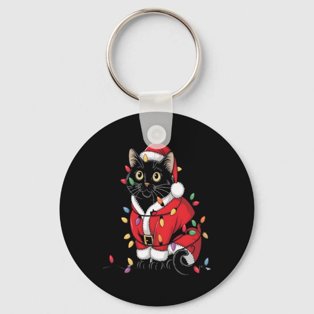 Black Cat Christmas Tree Lights Funny Santa Kitten Keychain (Front)