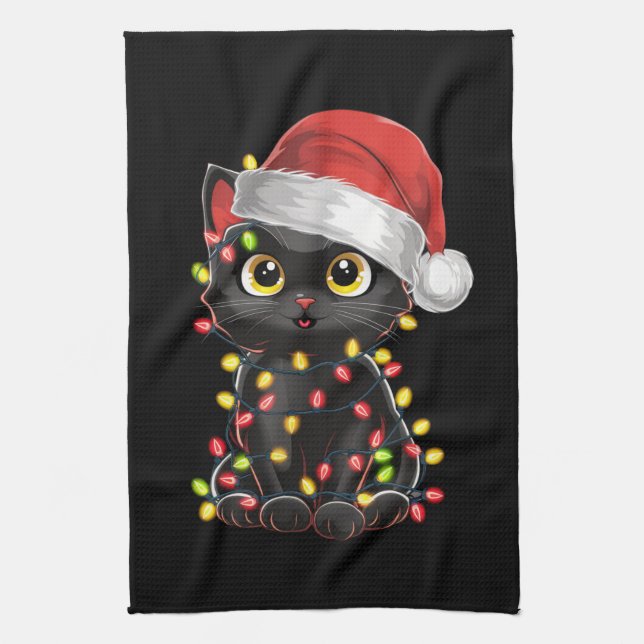 Black Cat Christmas Tree Lights Funny Santa Kitten Kitchen Towel (Vertical)