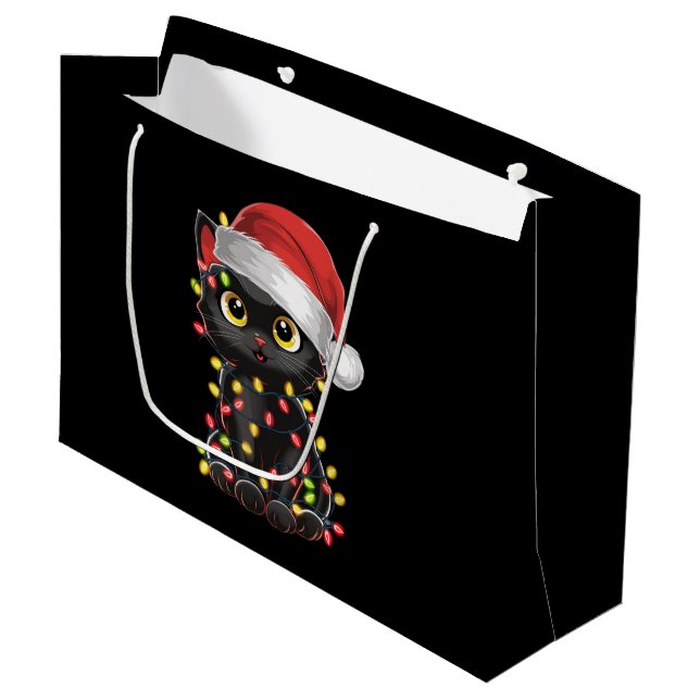 Black Cat Christmas Tree Lights Funny Santa Kitten Large Gift Bag (Front Angled)