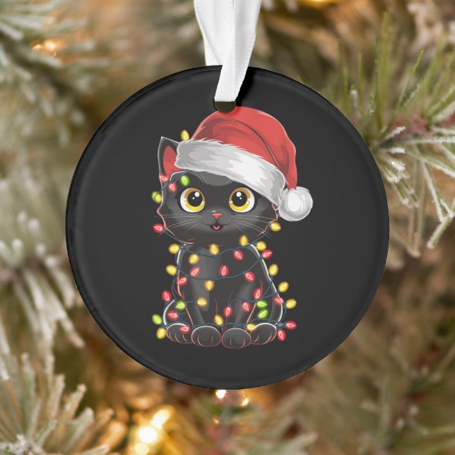 Black Cat Christmas Tree Lights Funny Santa Kitten Ornament (Tree)