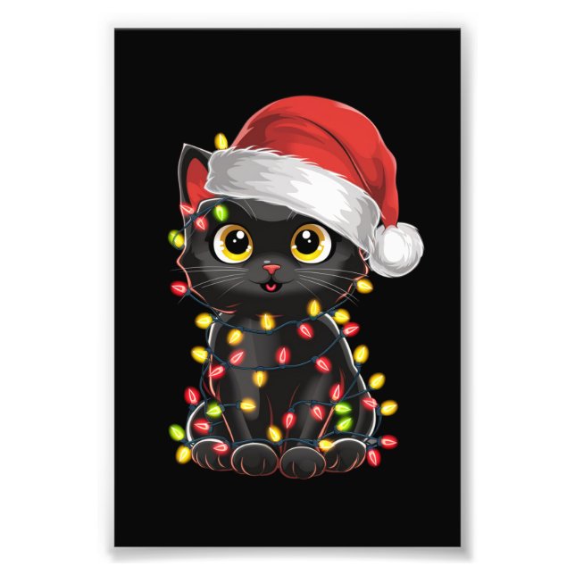 Black Cat Christmas Tree Lights Funny Santa Kitten Photo Print (Front)