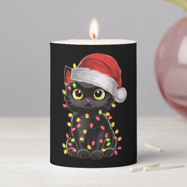 Black Cat Christmas Tree Lights Funny Santa Kitten Pillar Candle (In Situ)