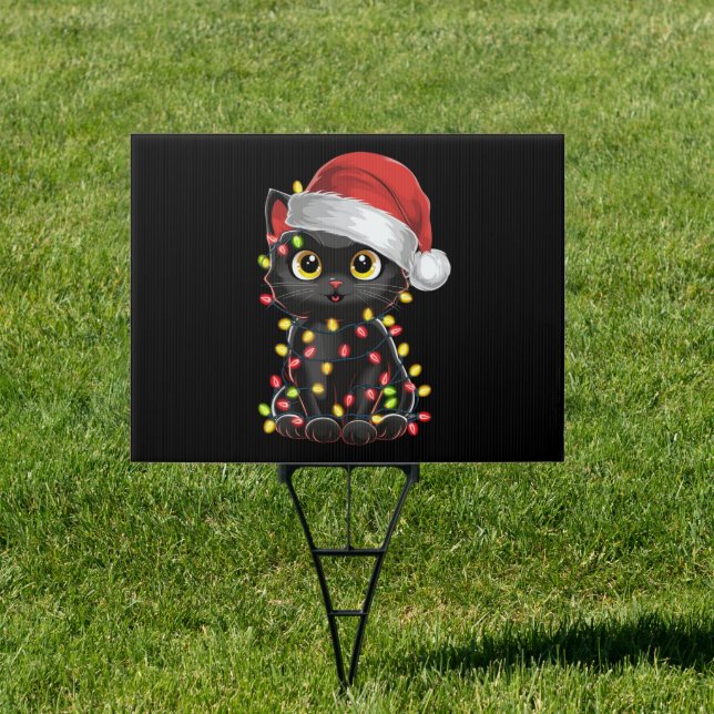 Black Cat Christmas Tree Lights Funny Santa Kitten Sign (Insitu)
