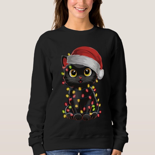Black Cat Christmas Tree Lights Funny Santa Kitten Sweatshirt (Front)