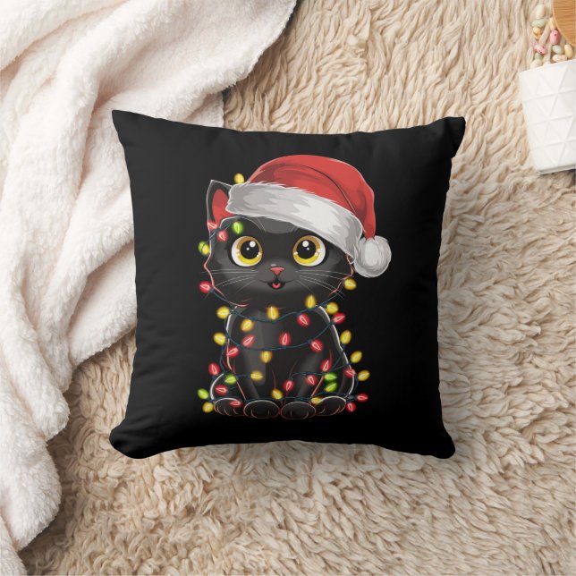Black Cat Christmas Tree Lights Funny Santa Kitten Throw Pillow (Blanket)