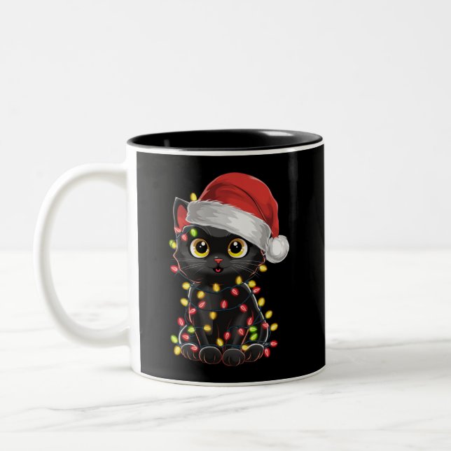 Black Cat Christmas Tree Lights Funny Santa Kitten Two-Tone Coffee Mug (Left)