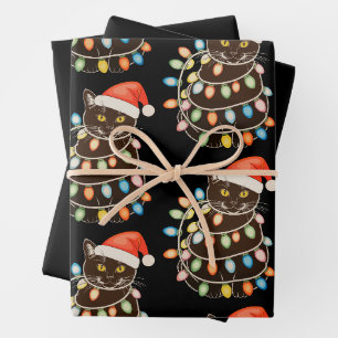 Black Cat Christmas Tree Lights Santa Hat Xmas Wrapping Paper Sheets