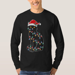 Black Cat Christmas Tree Lights Santa Kitten Led T-Shirt