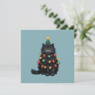 Black Cat Christmas Tree Oil Painting Altered Holiday Card
