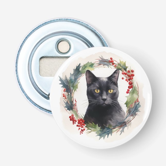 Black Cat Christmas Wreath Festive Kitten Bottle Opener (Front)