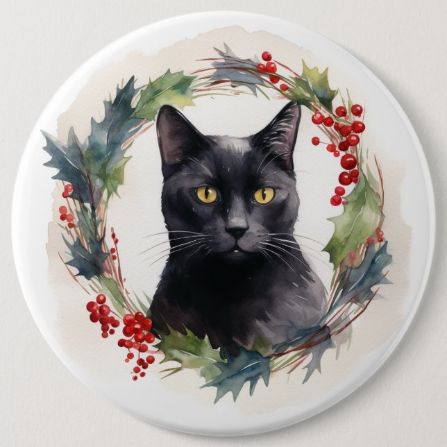 Black Cat Christmas Wreath Festive Kitten Button (Front)