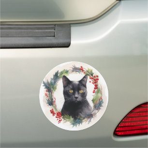 Black Cat Christmas Wreath Festive Kitten Car Magnet